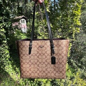 COACH Large Mollie Tote Bag Signature Canvas Khaki/Black w Tan Hardware NWT